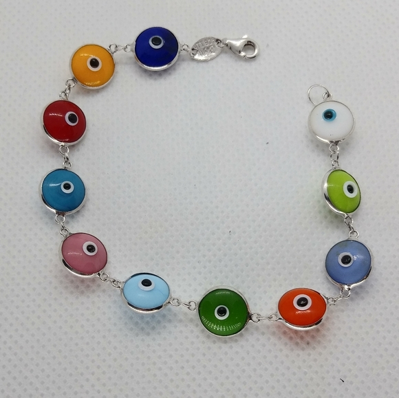 Jewelry - 925 Sterling Silver & Multi Bead Evil Eye Bracelet